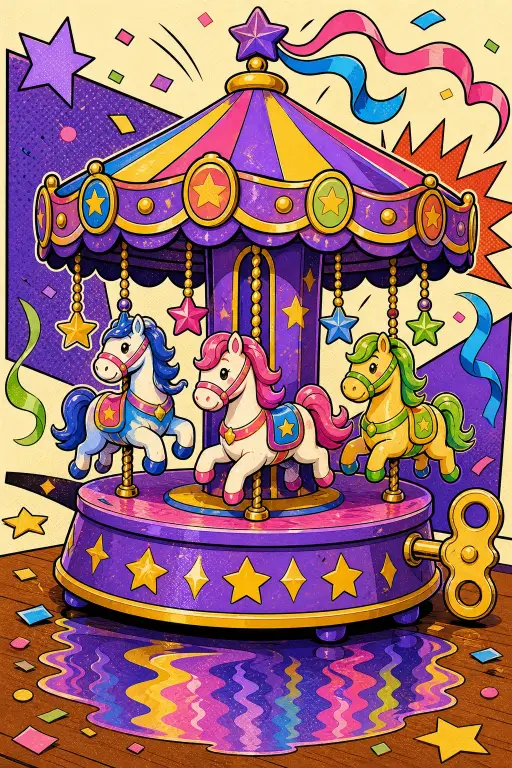 Example 1: colorful carousel with three toy horses