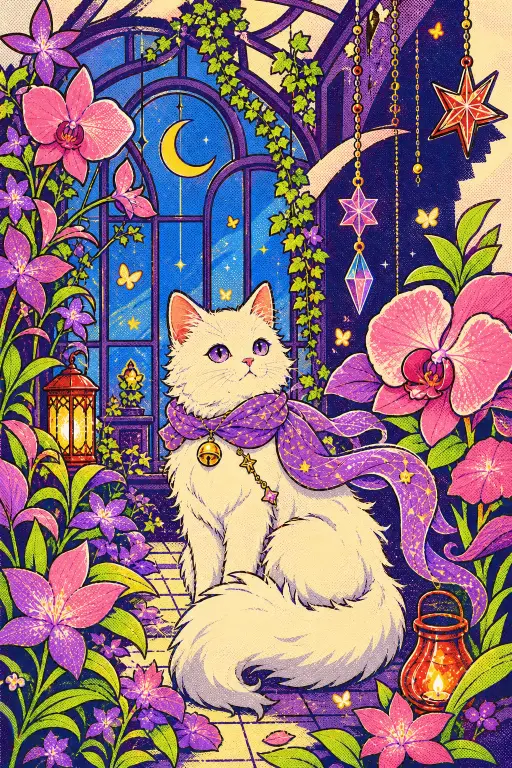 Example 2: white cat in a moonlit flower garden