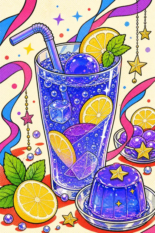 Example 3: blue citrus drink with a purple jelly dessert