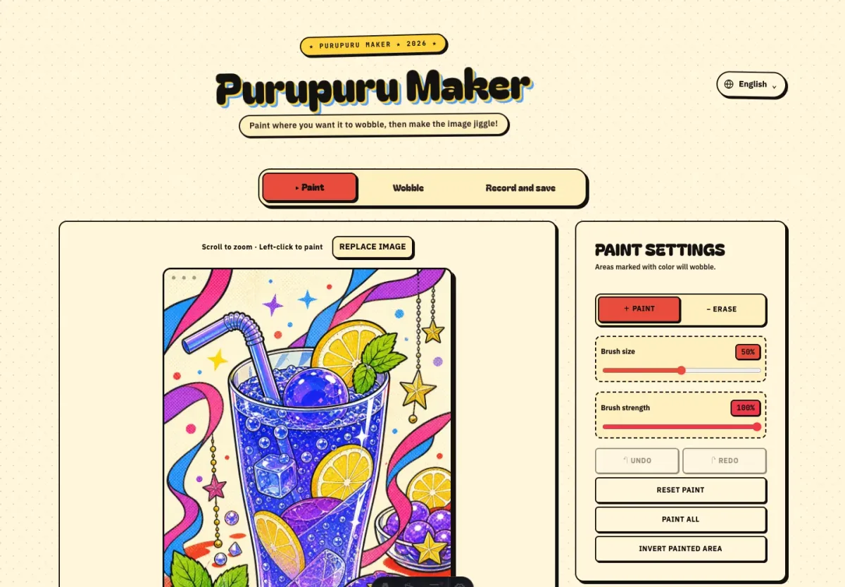 Blue citrus drink open in Purupuru Maker Paint mode with brush settings visible